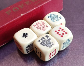 Franse pokerdobbelstenen uit de jaren 60 (Americano), complete dobbelset, pokerdobbelstenen, set pokerdobbelstenen, antieke pokerdobbelstenen, dobbelstenen, retro pokerdobbelstenen