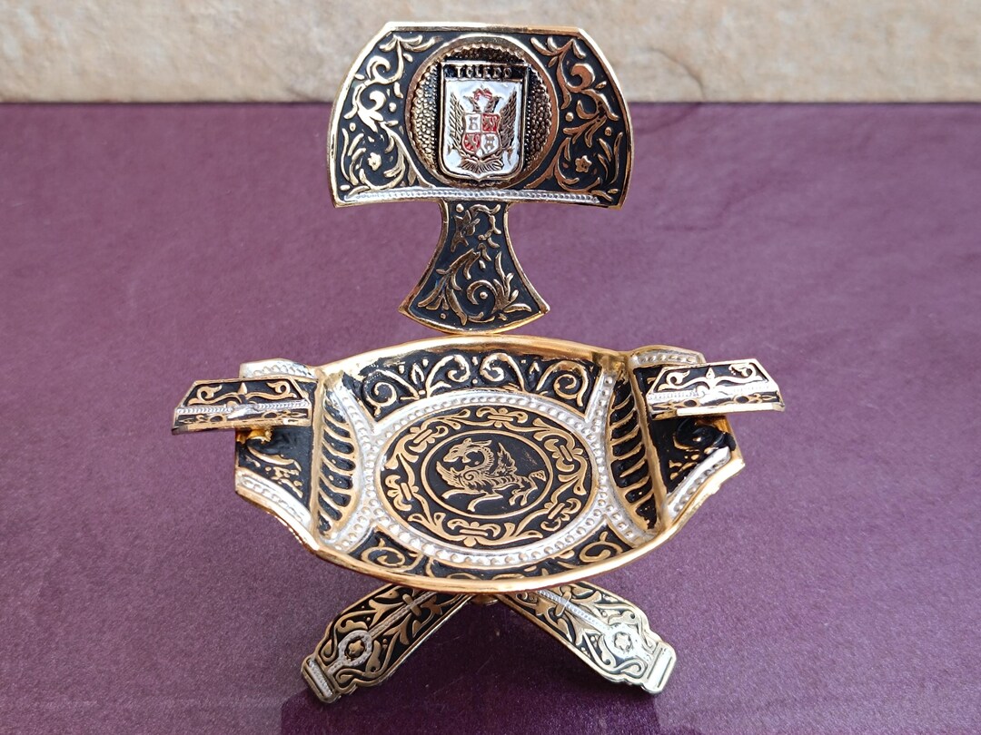 1970s Toledo Dragon Ashtray, Damascene Decorative, Gold Filled