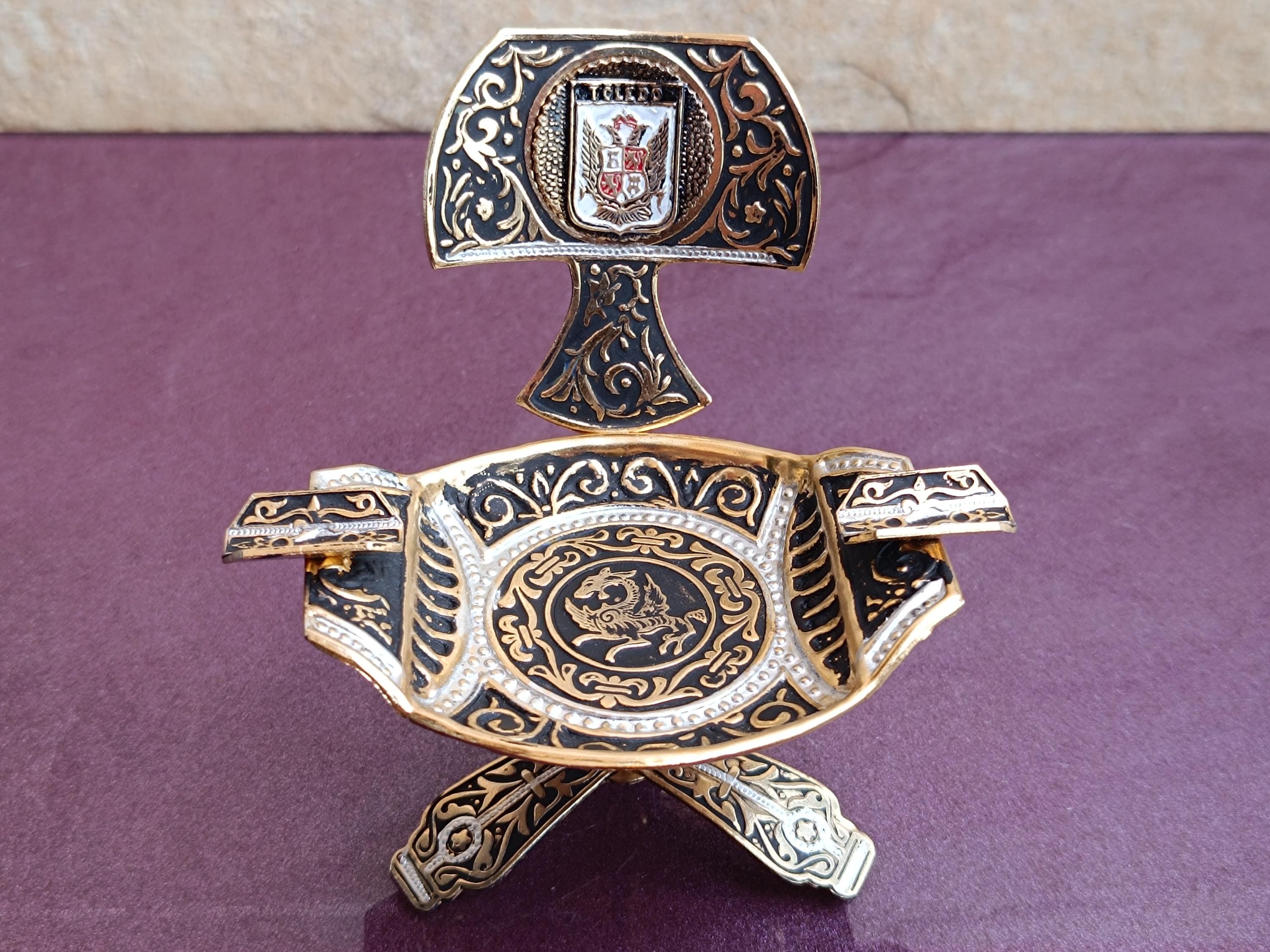1970s Toledo Dragon Ashtray, Damascene Decorative, Gold Filled