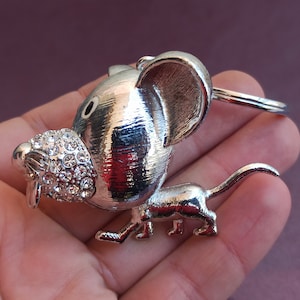 Rat Keychain, Rat Keychain With Swarovski Stones, Antique Rat Keychain, Vintage Rat Charm, Old Rat Keychain, Silver Plated Rat Keychain