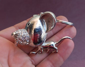 Llavero de ratón, llavero de rata con piedras Swarovski, llavero de rata antiguo, dije de rata vintage, llavero de rata antiguo, llavero de rata plateado