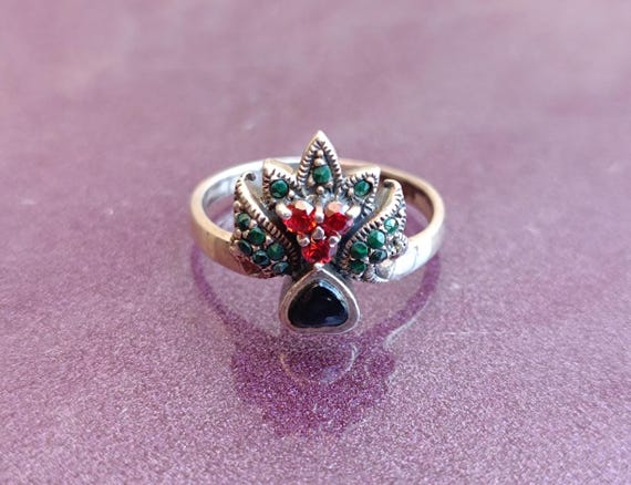 925 Silver Multistones Ring, Silver Malachite Rin… - image 10