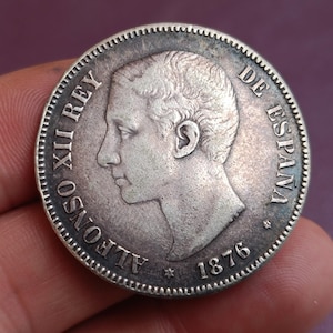 1876 Alphonse XII 5 Pesetas, Pièce non nettoyée, Espagne