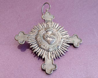 Heart of Jesus Silver Plated Cross Wall Decoracion, Religious Cross, Old Religious Cross Pendant, Vintage Cross Pendant, Antique Cross