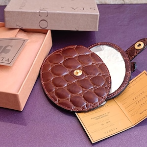Specchio certificato in pelle ACOSTA degli anni '80 con custodia, specchio compatto, specchio viso da donna, specchio da collezione, specchio Art Deco, specchio tascabile