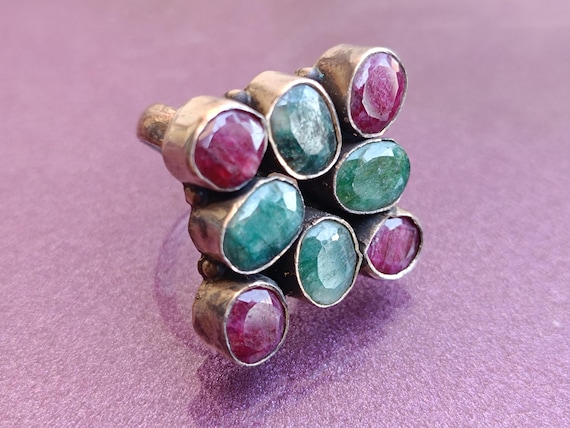 Multi-gemstone Ring, Ruby Ring, Emerald Ring, Squ… - image 9