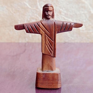 Hölzerne Jesusstatue aus Rio de Janeiro, Figur von Christus dem Erlöser, religiöse Figur, Vintage Jesus Christus Figur, Holz Jesus Christus