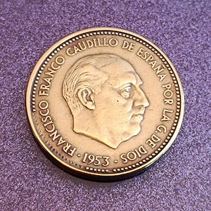 2.5 Pesetas 1953 Star 56, Francisco Franco Caudillo De Espana Por La De Dios, Una Gran De Libre, Spanish Coin, Collectible Coin