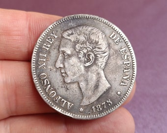 1875 Silver 5 Pesetas Alfonso XII, Silver Coin 5 Pesetas, Alfonso XII 5 Pesetas, Antique Silver Coin