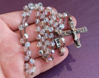1950 INRI シルバーとガラスのカトリック ロザリオ、イエス キリストの