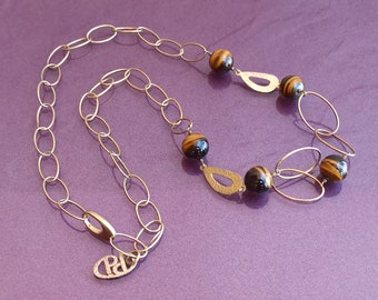 PP 18K Gold Filled Silver Necklace, Tiger's Eye 925 Silver Necklace, Silver Necklace, Vintage Silver Necklace, Tiger Eye Silver Necklace