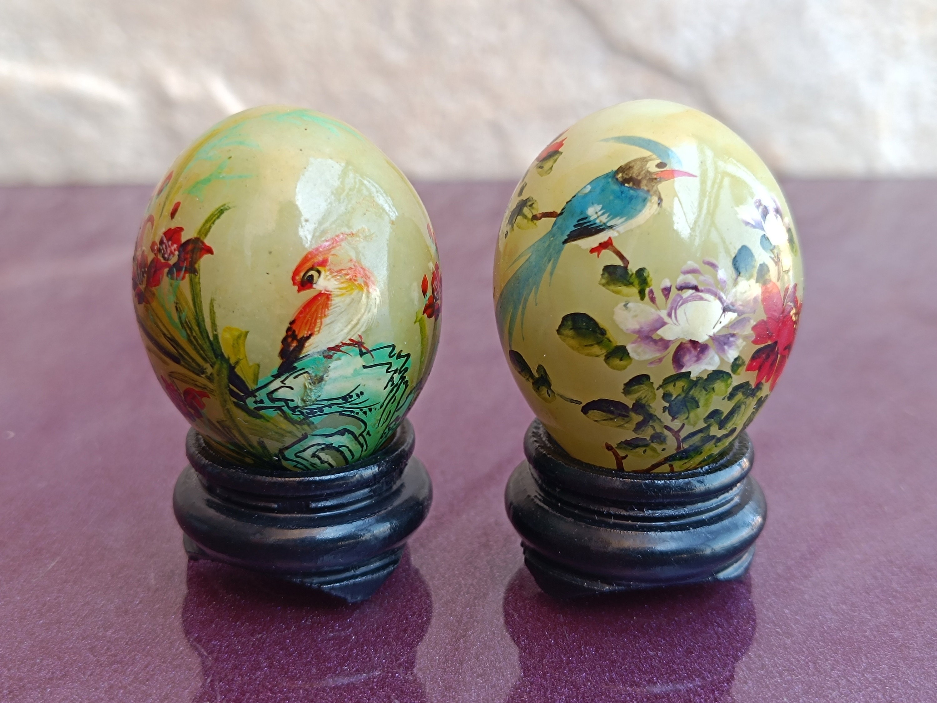 1970 Jade Patterned Eggs Set, Chinese Genuine Jade Stone, Hand
