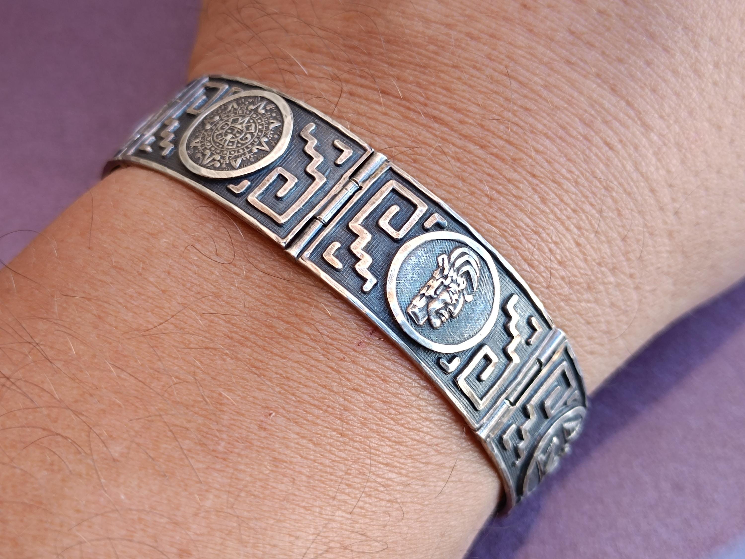 シルバー925 ブレスレット 古代メキシコ アステカ戦士デザイン プレート 透かしデザイン 幅約14㎜ 長, image size:3000x2250