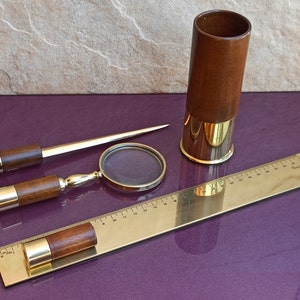 Rare VALENTI Gold Filled Office Set, Magnifying Glass, Ruler, Vase, Letter Opener, Spanish Vintage Letter Opener, VALENTI Magnifying Glass