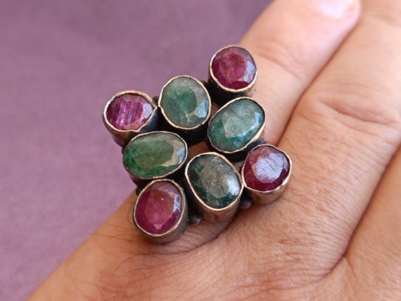 Multi-gemstone Ring, Ruby Ring, Emerald Ring, Squ… - image 5