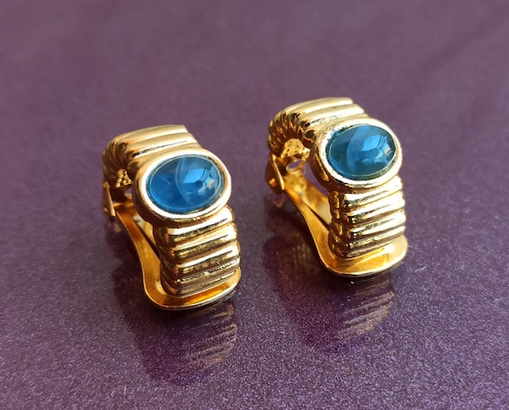 David Grau Gold Filled Clips, David Grau Earrings, David Grau Blue Murano Glass, Vintage  Earrings, Murano Glass Clips
