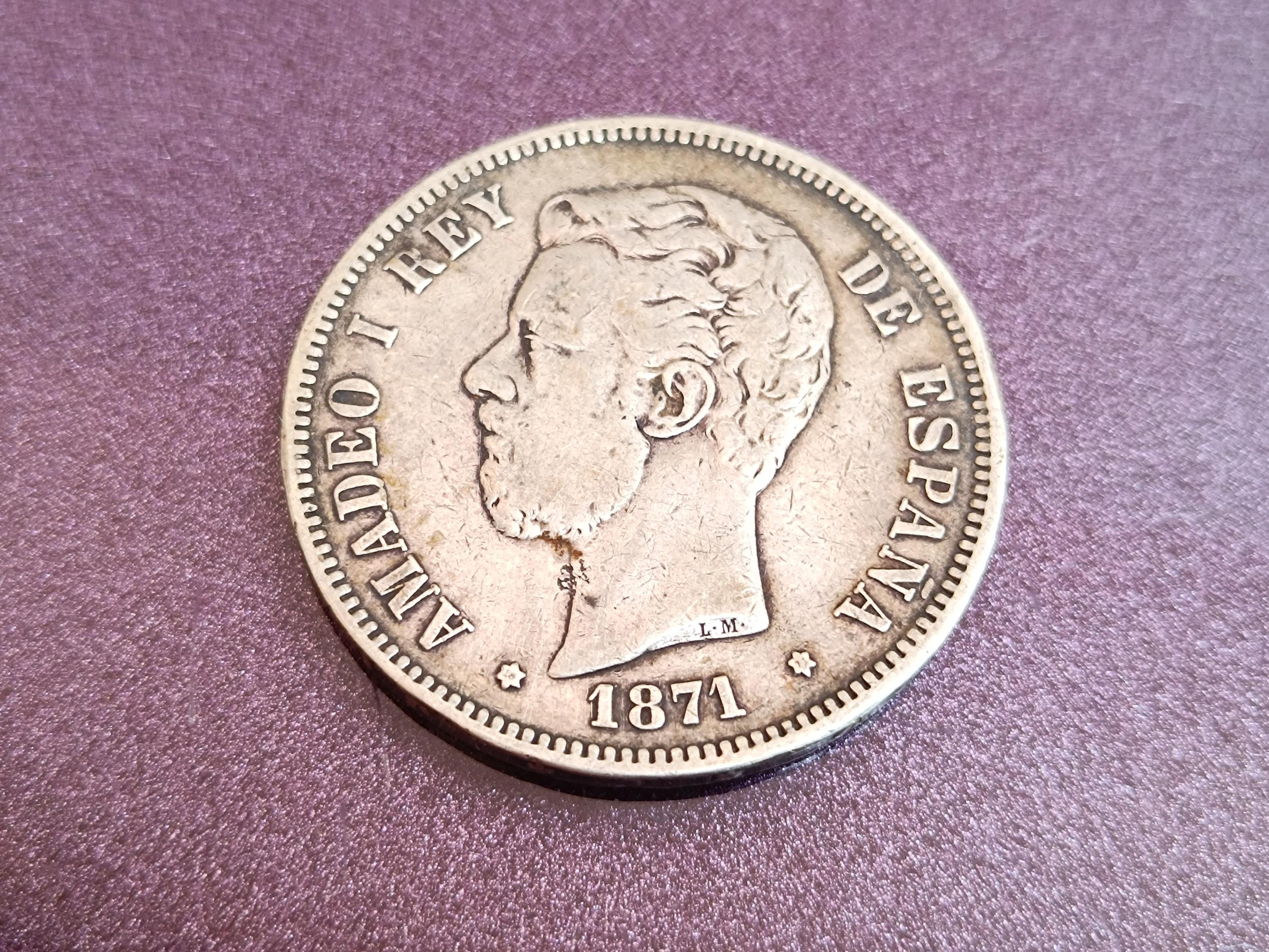 1871年 アマデオ1世 スペイン国王 銀貨 5ペセタ、アマデオ1世 スペイン