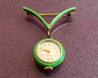 1930 EISENHART 925 Silver Gold Filled Victorian Art Deco Brooch Watch in Green Enamel With Gold Design Comes, Swiss Made