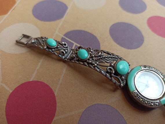 Turquoise Silver Quartz Watch, Turquoise and Marc… - image 6