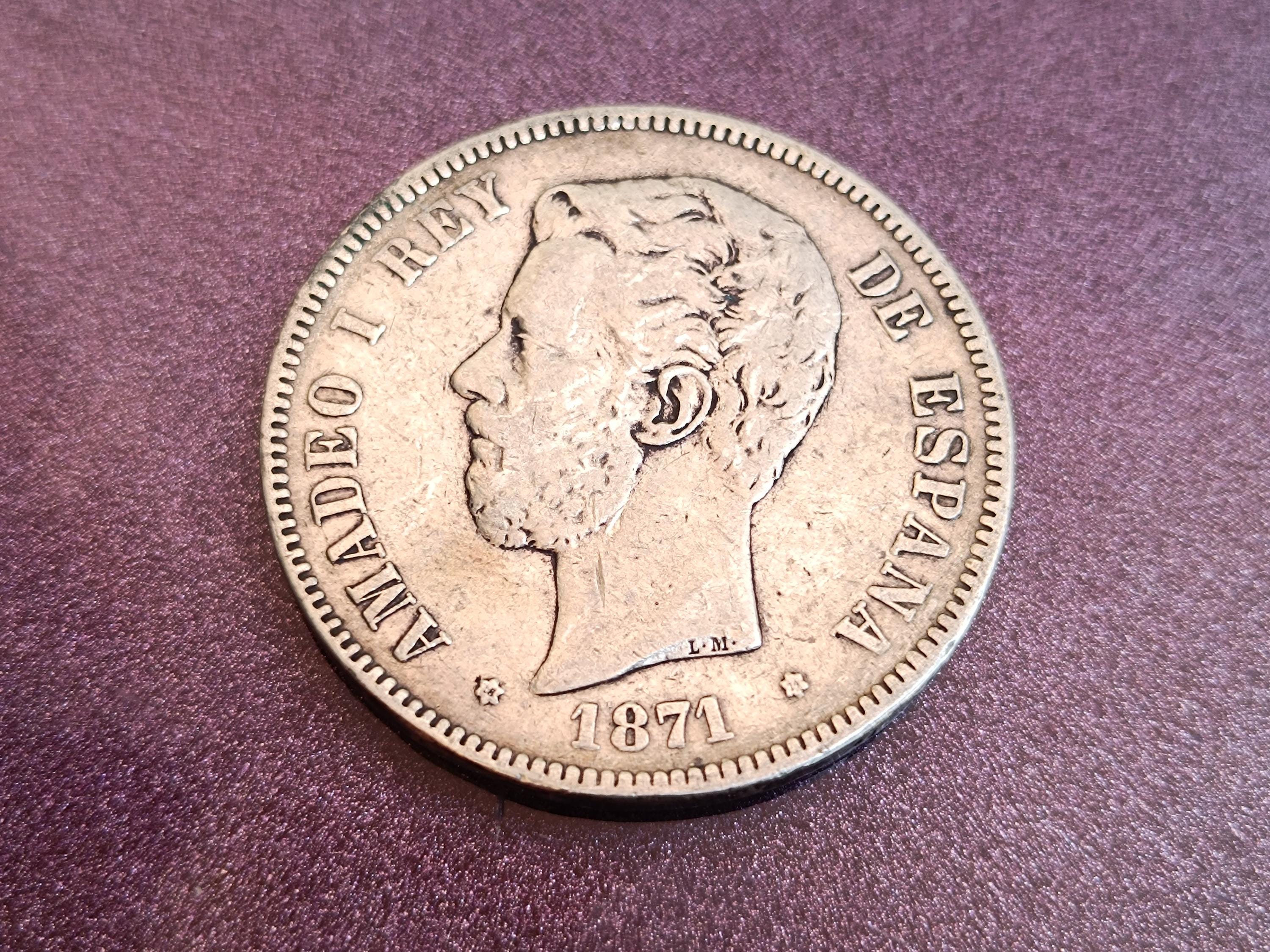 1871年 アマデオ1世 スペイン国王 銀貨 5ペセタ、アマデオ1世 スペイン