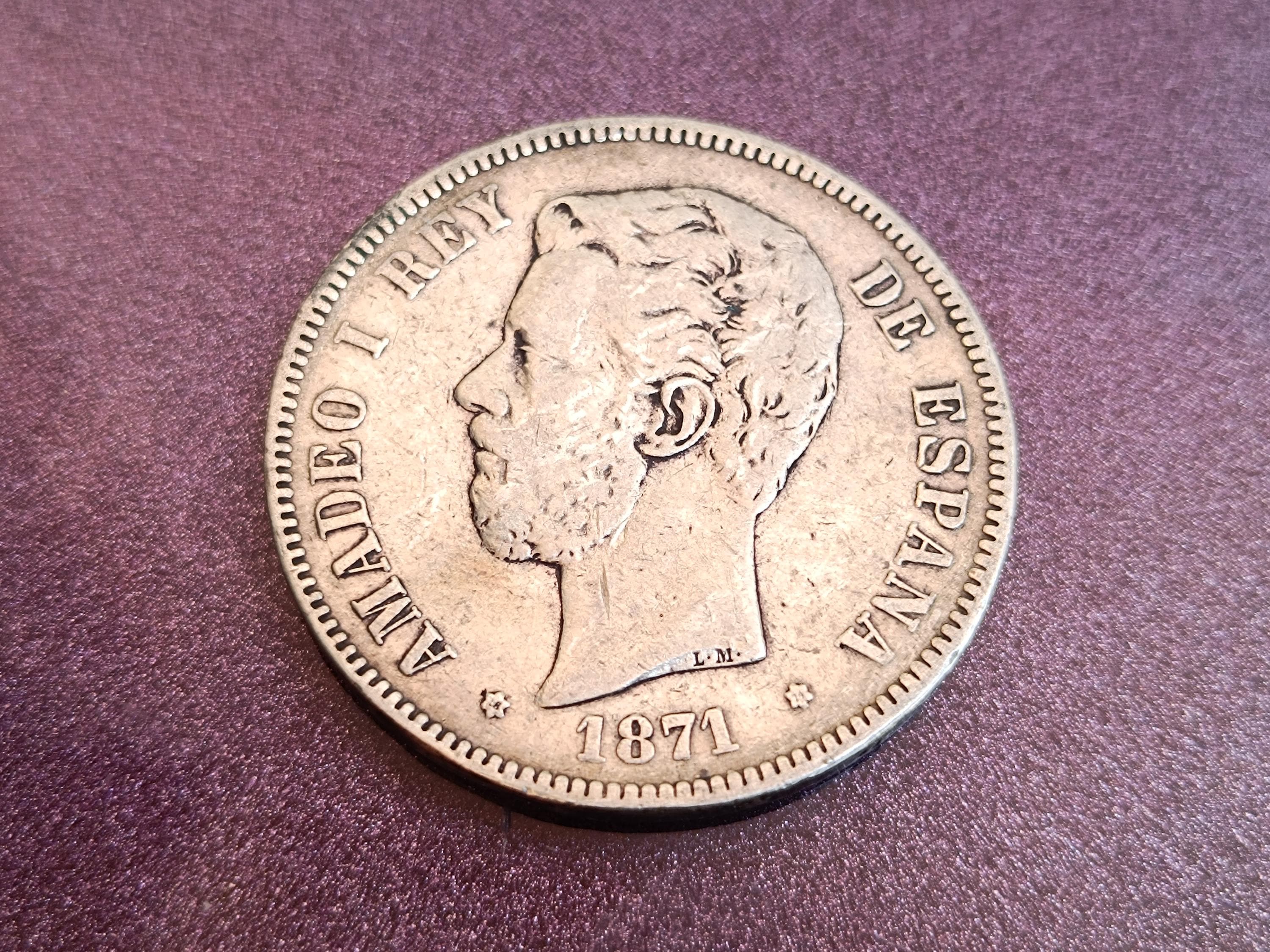 1871年 アマデオ1世 スペイン国王 銀貨 5ペセタ、アマデオ1世 スペイン