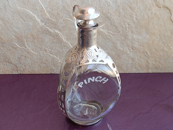 SILVER 1960s JOHN HAIG Pinch Glass Whiskey Bottle With Silver