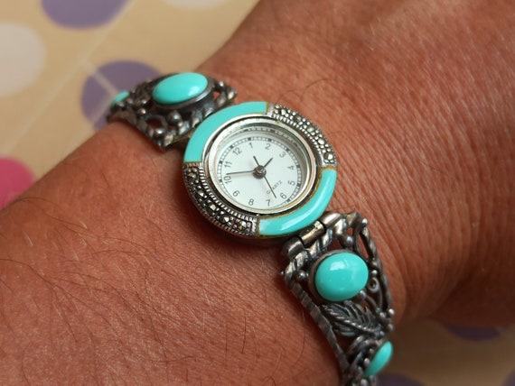Turquoise Silver Quartz Watch, Turquoise and Marc… - image 10