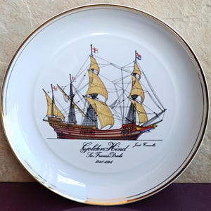 BIDASOA Plate GOLDEN HIND Drawing Ship, Sir Francis Drake 1540-1596, Porcelain Plate, Bidasoa Porcelain, Spanish Vintage Porcelain
