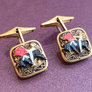1960 Bull and Torreador Toledo Damascene Gold Plated Cufflinks, Antique Bullfighting Toledo Cuff Links, Vintage Cufflinks, Gentleman&#39;s Gift