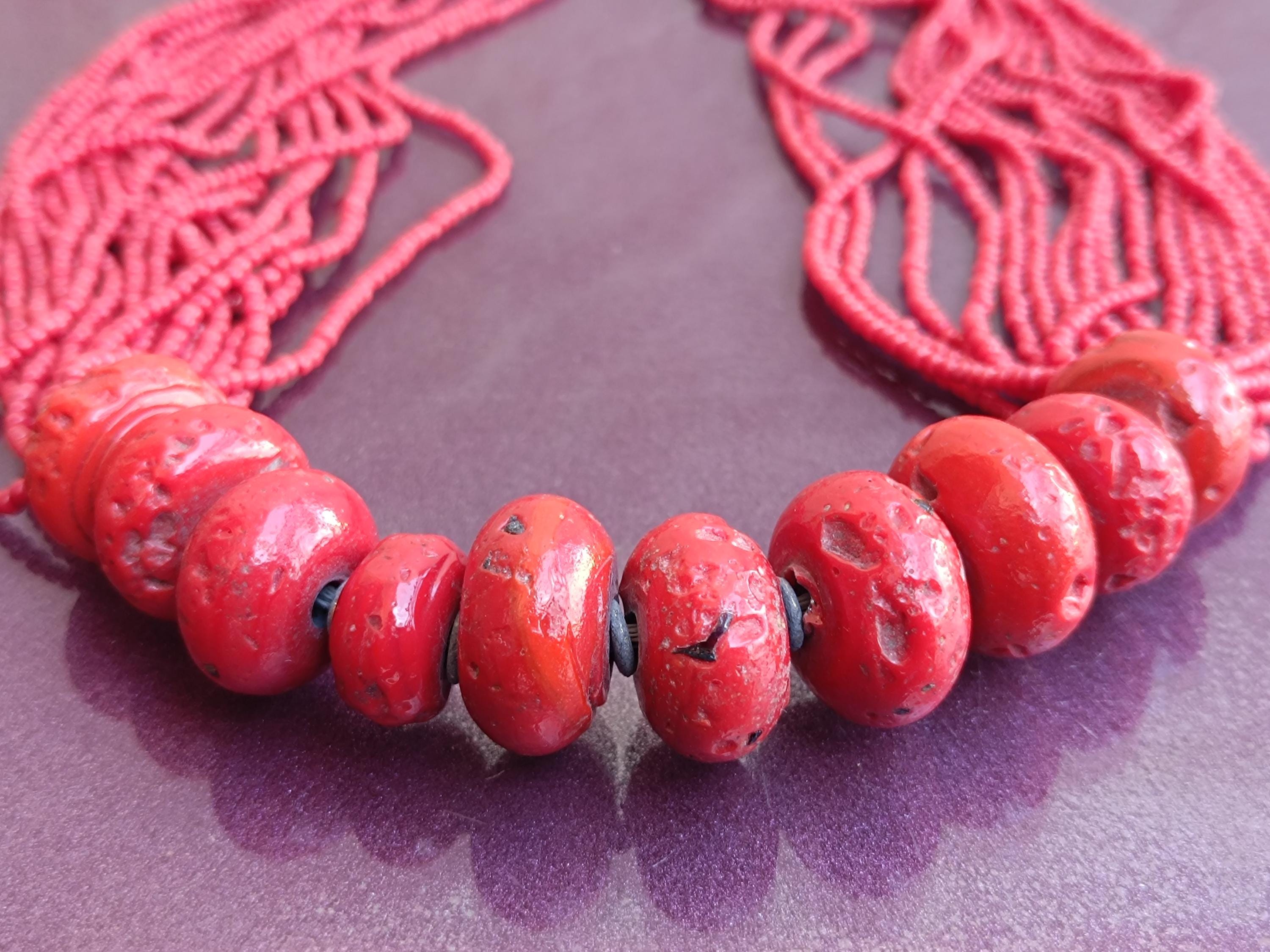 Collier Vintage Perles De Corail Rouge Naturel - Longueur 58.4cm - Or Plaqué 925 - Occasion - Bijou Ancien Gradué