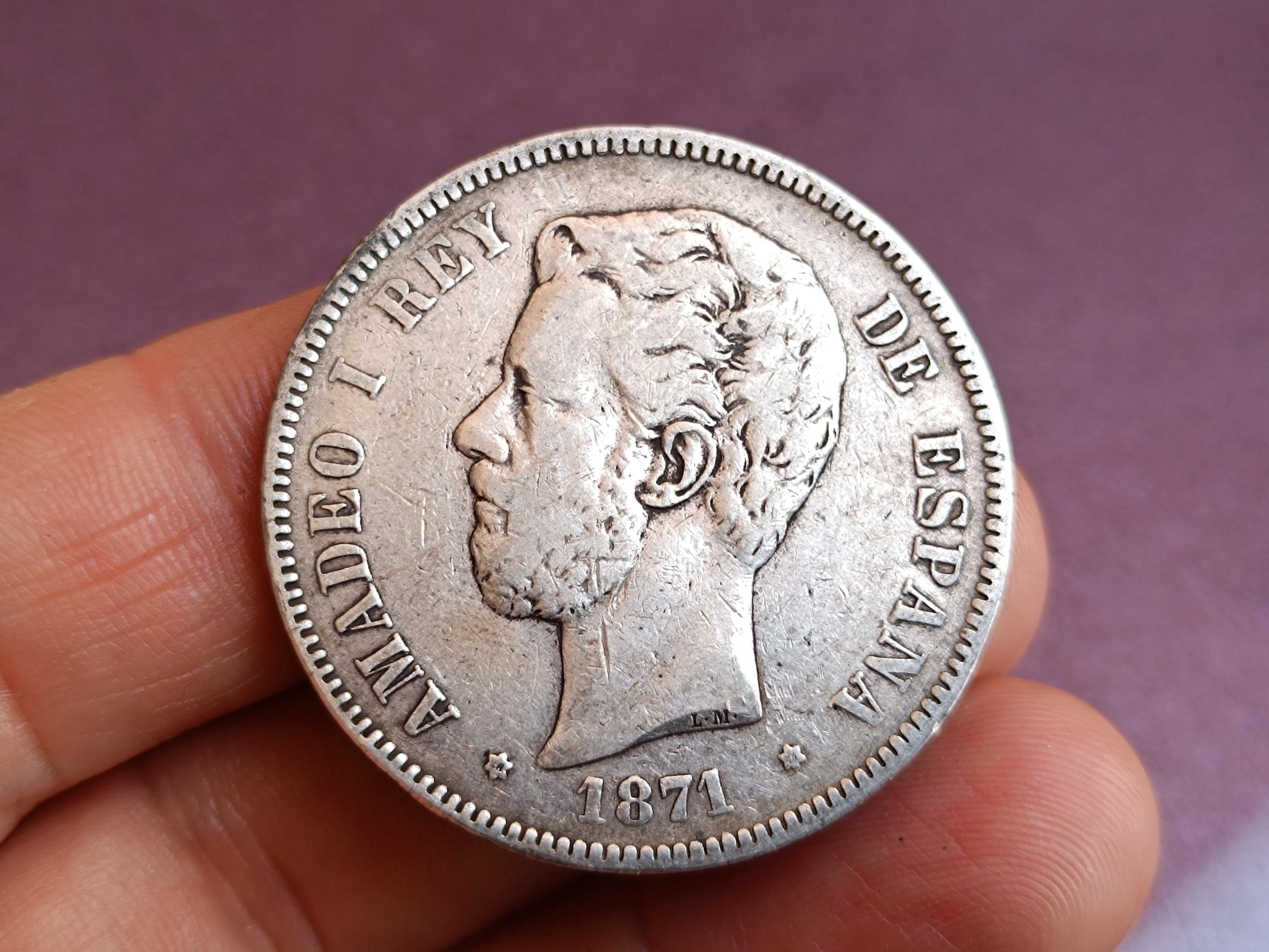 1871年 スペイン アマデオ1世 アンティークシルバー 5ペセタ スペイン