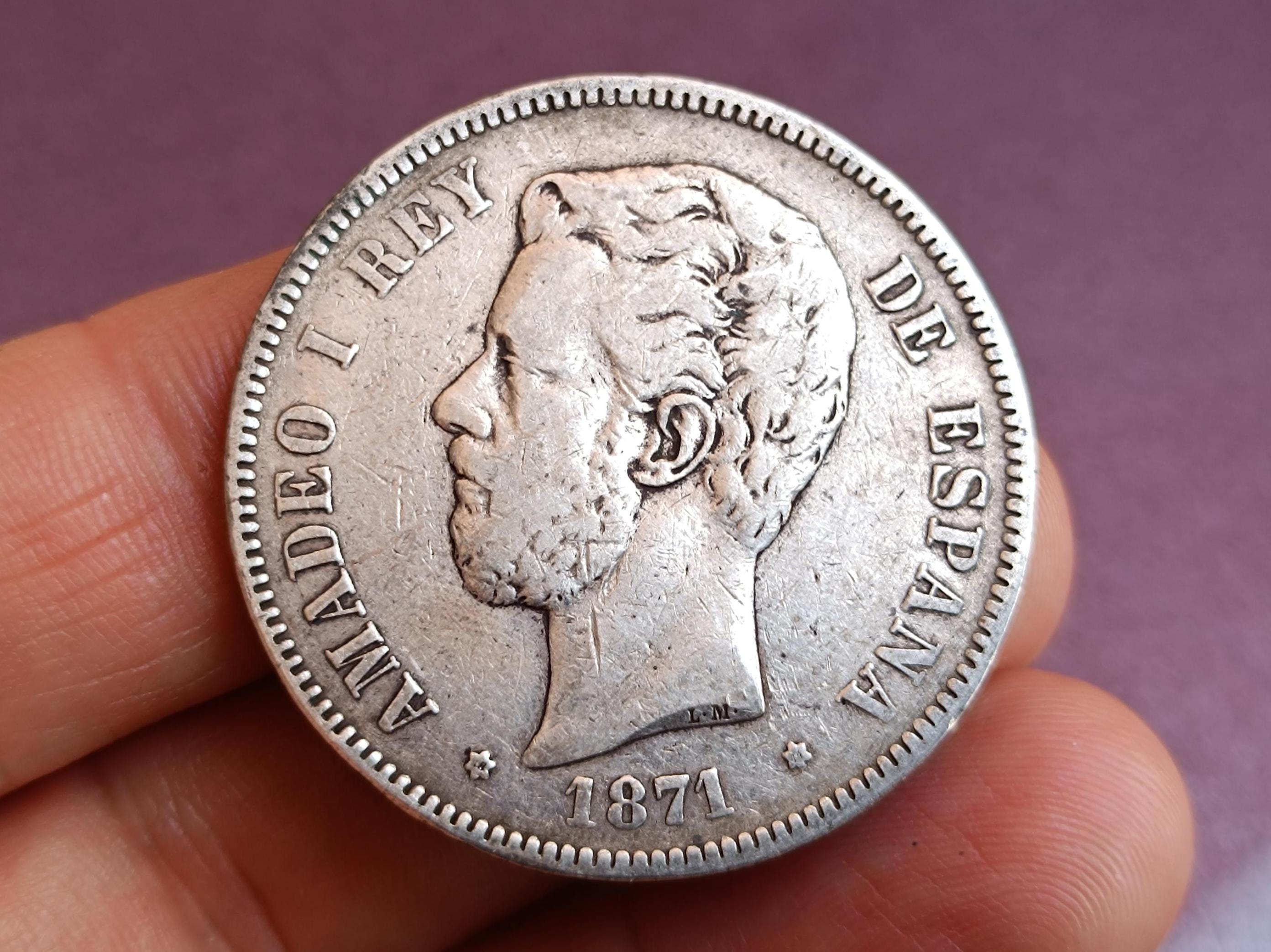 1871年 スペイン 5ペセタ 銀貨純度900の重厚銀アマデオ1世 王政期トーン 1871年 アマデオ1世 スペイン国王 銀貨 5ペセタ、アマデオ1世 スペイン