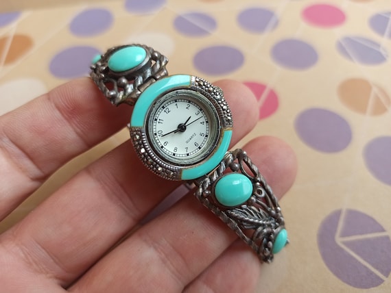 Turquoise Silver Quartz Watch, Turquoise and Marc… - image 2
