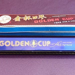 1980 Golden Cup-munspel, tillverkat i Kina, vintagemunspel i originalförpackning, Blessing-munspel, antik munspel papegoja, vintagemunspel