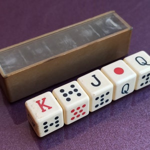 オリジナルボックス入りポーカーアメリカーノダイス、マーテル広告のヴィンテージコンプリートセット、ポーカーダイス、ポーカーダイスのセット、アンティークポーカーダイス