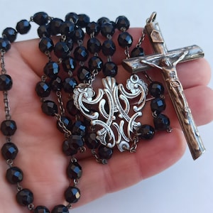 Rosario de ónix negro plateado de 1920, cruz de plata francesa, crucifijo de Jesucristo, joyería religiosa victoriana, rosario católico antiguo