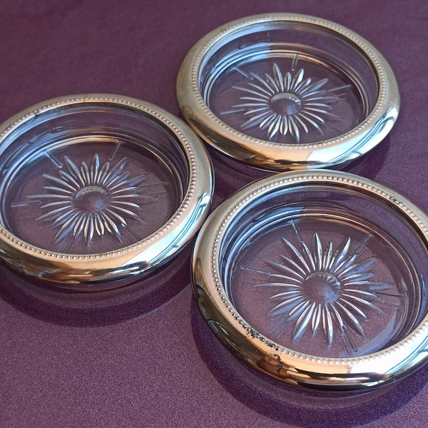 Set Silver Plated Glass Ashtrays, Genuine Lead, Crystal Ashtray, Antique Glass Ashtray, Old Silver Plated Ashtray