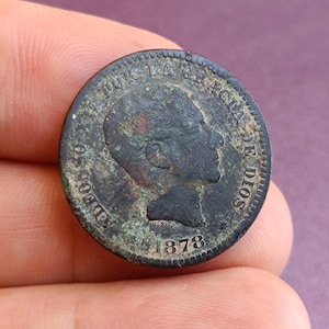 1878 Alfonso XII Cinco Centimos Coin, Uncleaned coin, Spain