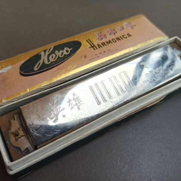 Harmonica HERO, Vintage Harmonica In Original Box, Blessing Harmonica, Made in China, Antique Harmonica HERO, Vintage Harmonica