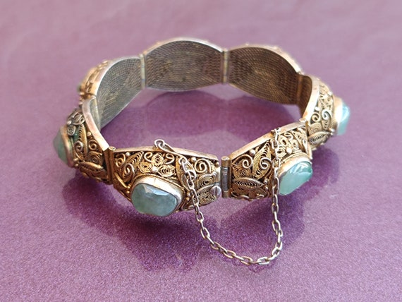 1900s JADE Silver Filigree Bracelet, Antique Handmade Bracelet