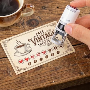 Könnte beinhalten: Ein weißer und schwarzer Stempel wird über einer Kundenkarte im Vintage-Stil gehalten. Die Karte zeigt eine Kaffeetassen-Illustration, Herzen und Kaffeebohnen-Icons mit den Worten "Café Vintage Loyalty". Eine Tasse Kaffee befindet sich im Hintergrund.