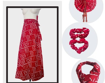 Wickelrock aus afrikanischem Waxprint mit passenden Accessoires Lange Sommerröcke Kente african fashion Bogolan Geschenkideen Hochzeit Taufe