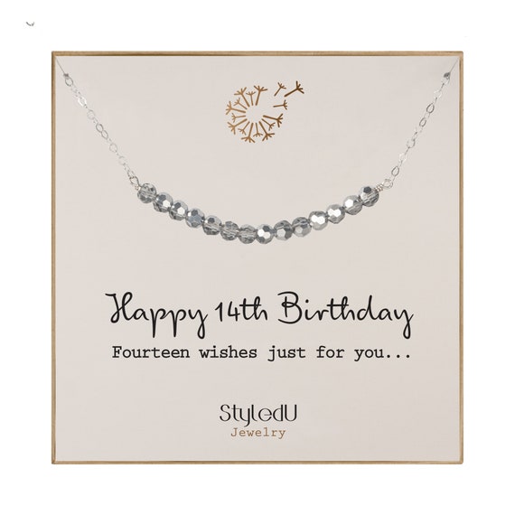 14th Birthday Gifts for Girls, Sterling Silver 14 Crystal Beads Necklace Gift for 14 Year Old Girl, Birthday Milestone Necklace