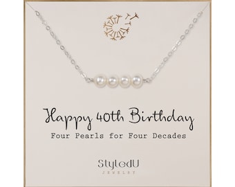 40th Birthday Pearl Necklace: Sterling Silver, Four Freshwater Pearls