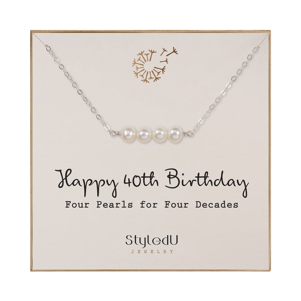 40th Birthday Gifts for Women, Sterling Silver 4 Freshwater Pearl Bar Necklace for Women Turning 40, 4 Decade Jewelry 40 Years Old Woman