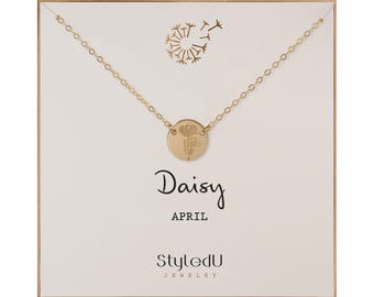 デイジーペンダントネックレス：4月の誕生花、14Kゴールドフィルドまたはスターリングシルバー