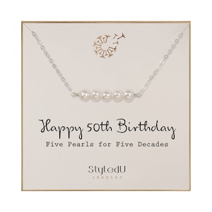 50th Birthday Pearl Necklace: Sterling Silver, Five Freshwater Pearls