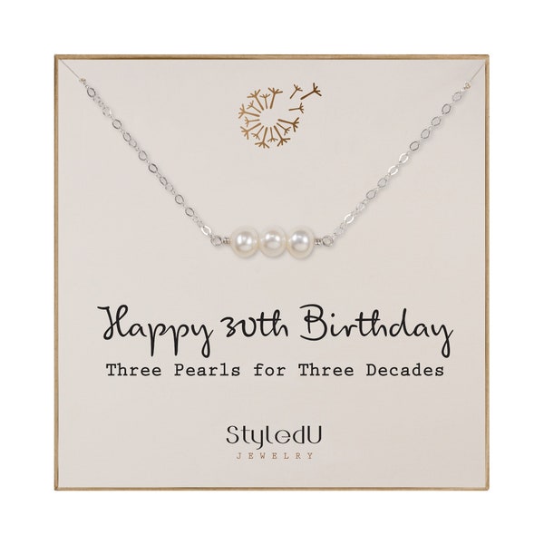 30th Birthday Gifts for Women, Sterling Silver 3 Freshwater Pearl Bar Necklace for Women Turning 30, 3 Decade Jewelry 30 Years Old Woman