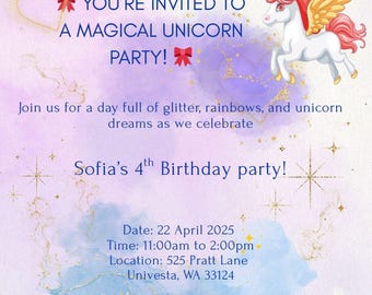 Editable Unicorn Birthday Invitation • Pastel Watercolor • Magical Kids Party Invite • 5x7 Digital Template • ZenBerry Designs