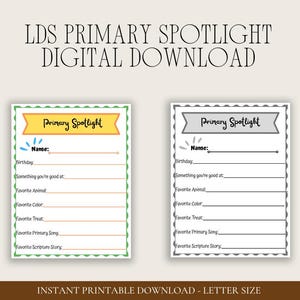 May include: Digital download of two "Primary Spotlight" printable sheets. Each sheet has a banner that says "Primary Spotlight" and lines for filling in personal information. The text "INSTANT PRINTABLE DOWNLOAD - LETTER SIZE" is at the bottom.